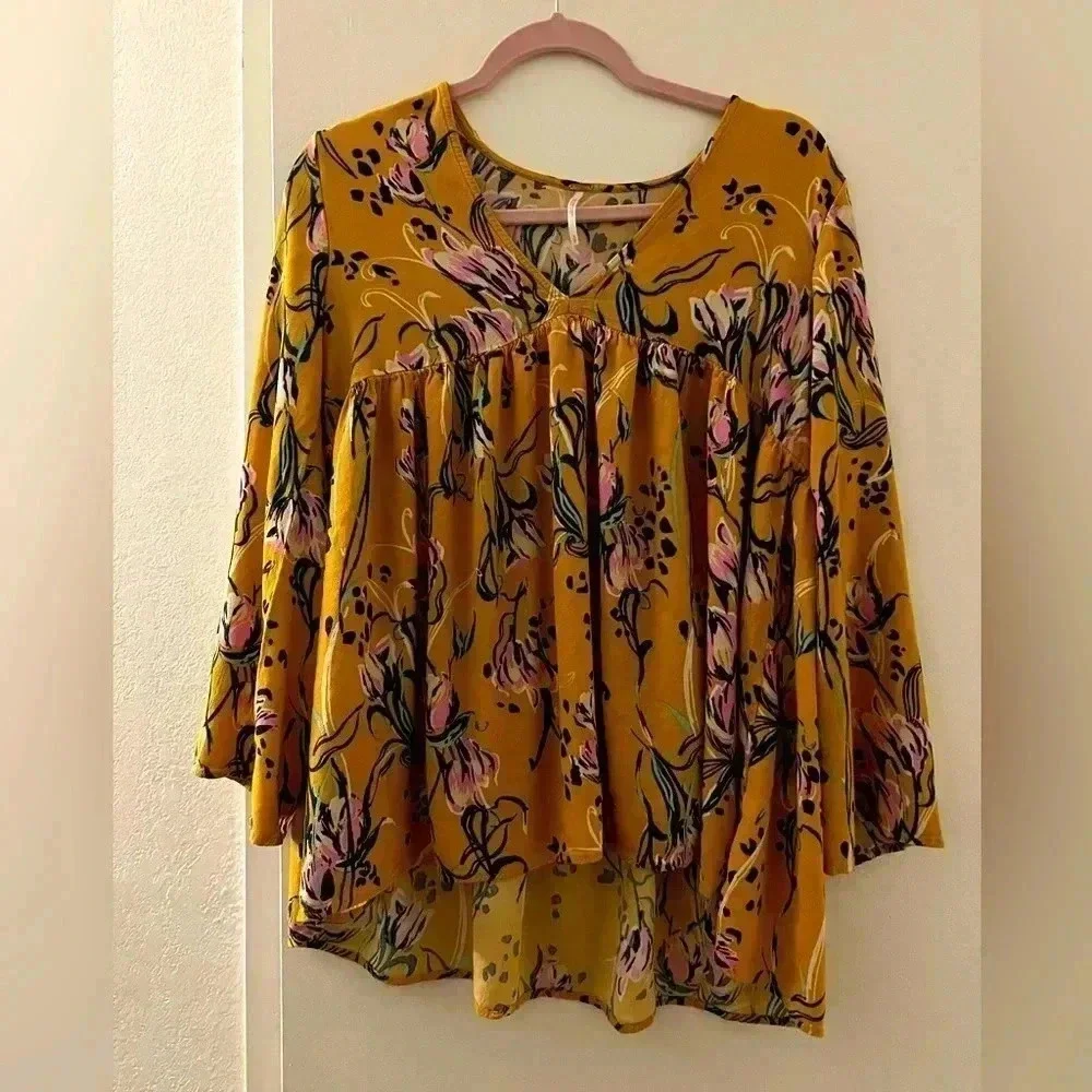 Free people yellow flowered flowy shirt size S